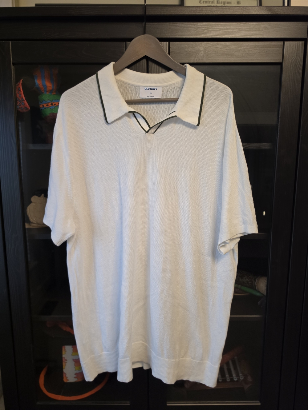 Old Navy Men's Cream Polo with Dark Green Trim